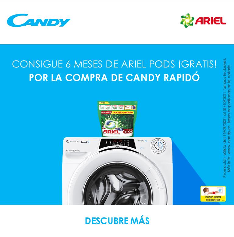 Compra tu lavadora Rapido Candy y consigue 6 meses de Ariel Pods de regalo