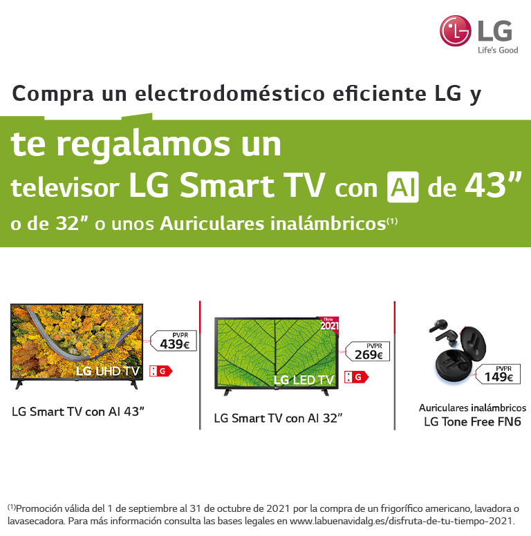 Compra tu electrodoméstico eficiente LG y consigue un televisor LG Smart TV de hasta 43 pulgadas o unos auriculares
