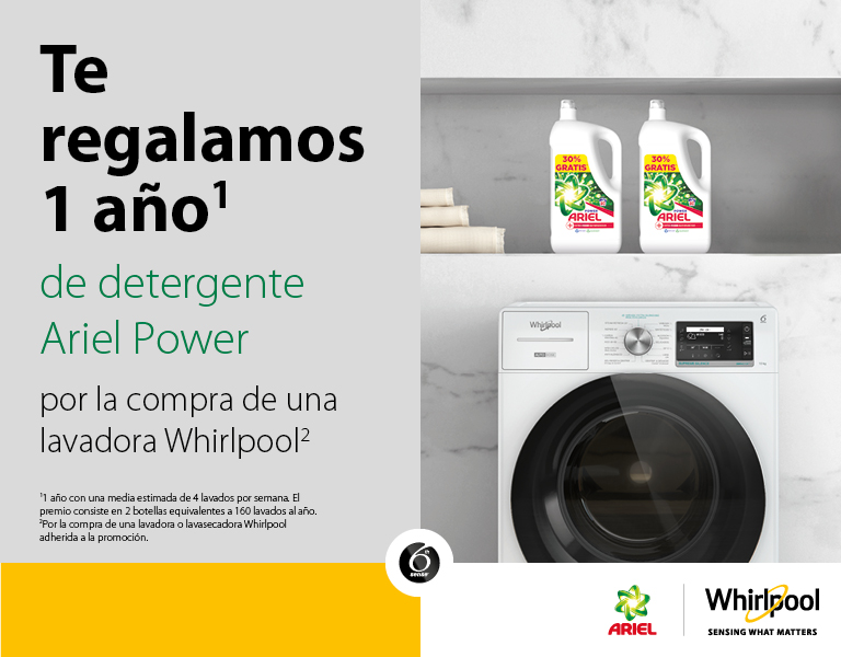 Compra tu lavadora Whirlpool y consigue 1 año de detergente Ariel Power