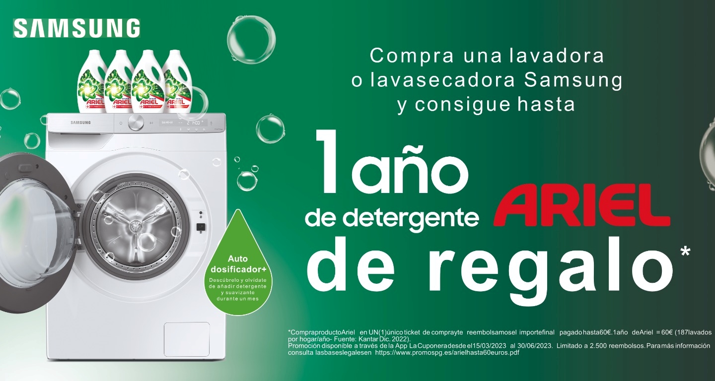 Compra tu lavadora o lavasecadora Samsung y consigue hasta 1 año de detergente Ariel