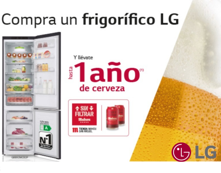 Llévate hasta 1 año de cerveza Mahou  gratis por la compra de tu frigorífico LG