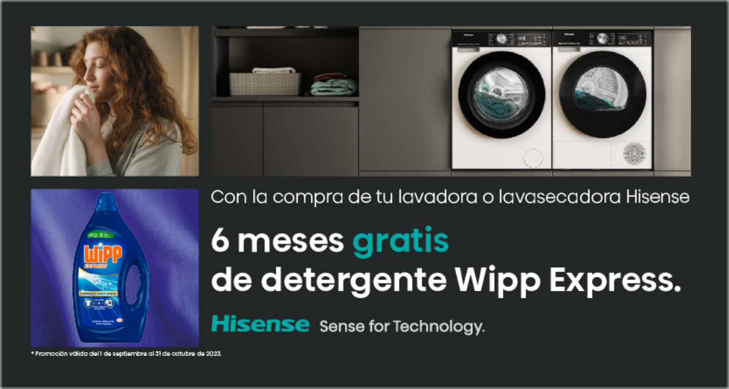 Compra tu lavadora o lavasecadora Hisense y consigue 6 meses de detergente Wipp Express