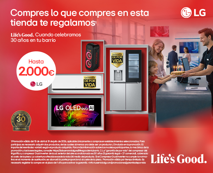 Promoción 30 aniversario: Llévate hasta 2.000€ de cashback con LG