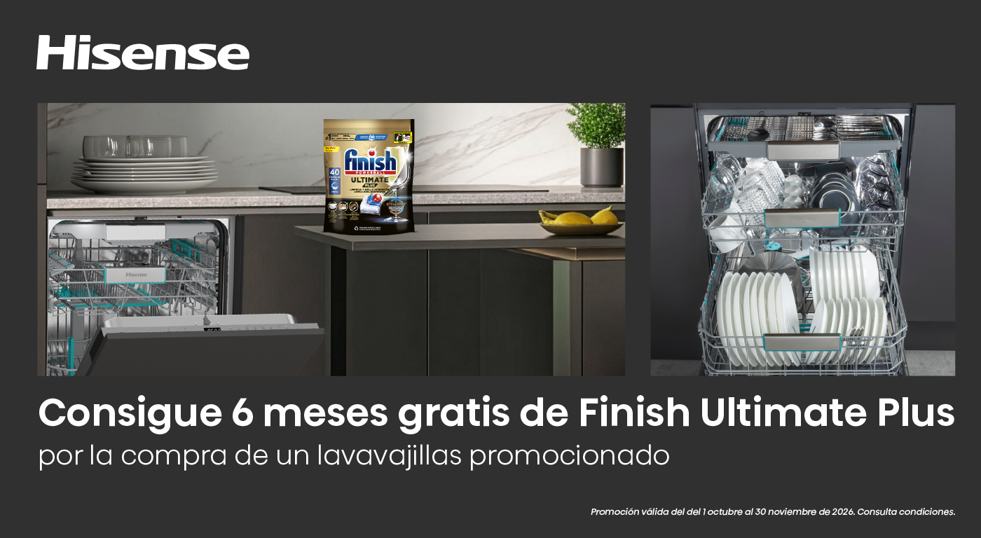 Llévate 6 meses gratis de pastillas Finish Ultimate con tu lavavajillas Hisense